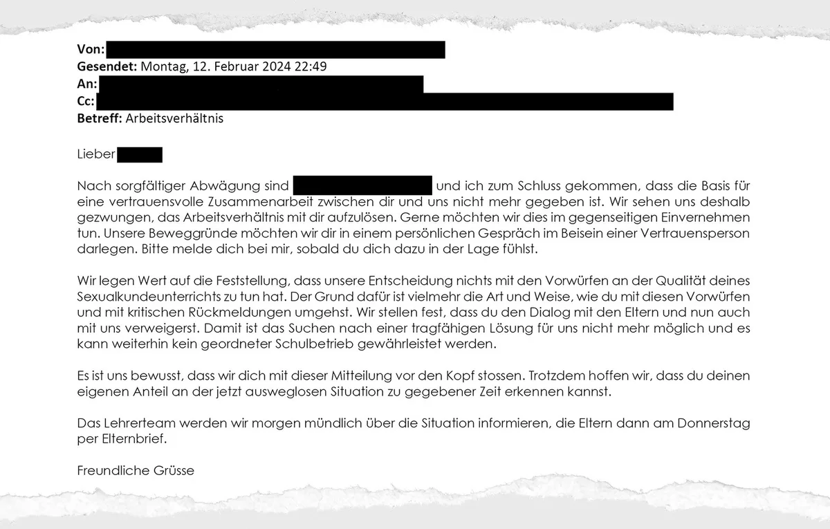Daniel Brunner wird während seiner Krankschreibung mitgeteilt, dass man sich gezwungen sieht, das Arbeitsverhältnis aufzulösen. Brief mit geschwärzten Stellen.